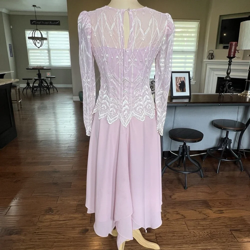 Vintage Cachet Bari Protas Pink Rose Dress 7/8 Sheer Embroidered Formal Gown - Picture 5 of 15
